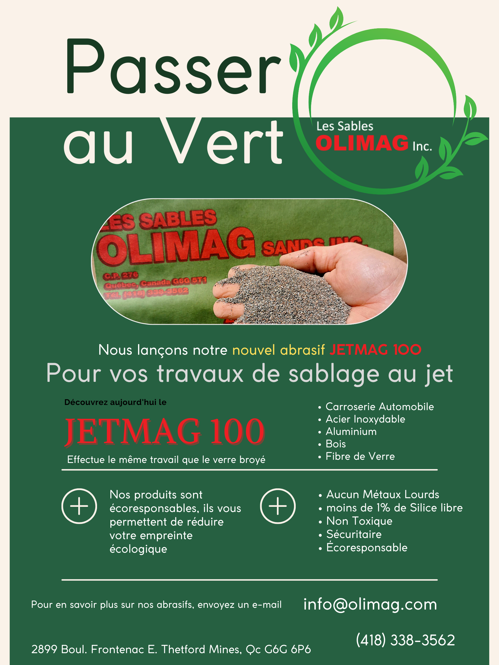 ABRASIF POUR SABLAGE AU JET ÉCORESPONSABLE ET SÉCURITAIRE JETMAG 100
